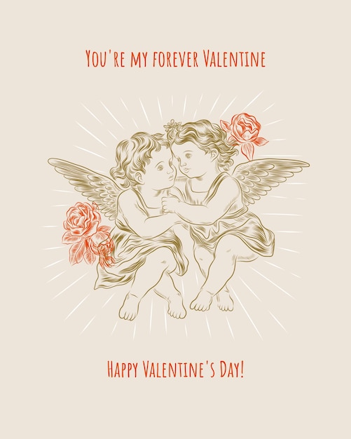 Vector vintage valentines day cupids or little angels cards engraving retro style