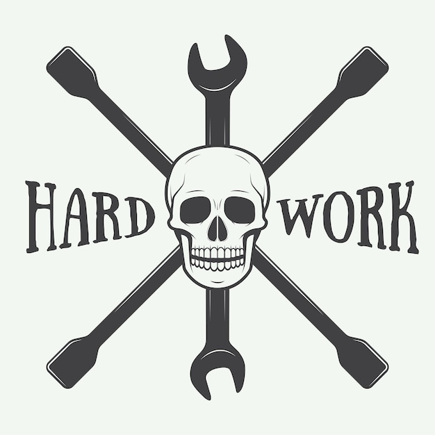 Vintage vector mechanic logo label with skull wrench