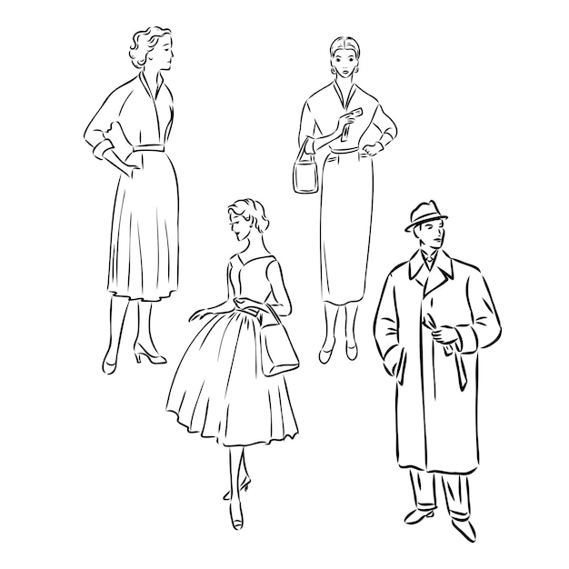 Vintage vector people set fashion style set group of retro woman and man style sketch style engravin