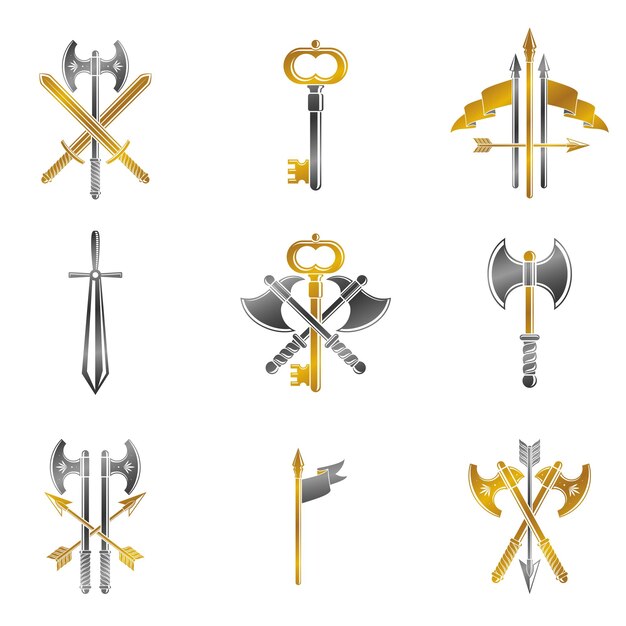 Vintage Weapon Emblems set. Heraldic coat of arms decorative emblems collection.