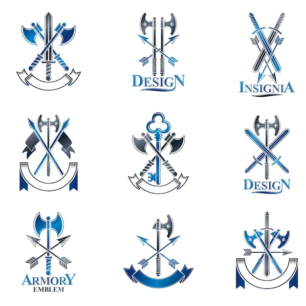 Vintage Weapon Emblems set. Vintage vector design elements collection. Retro style label, heraldry.