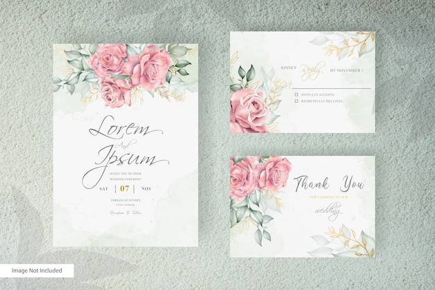 Vintage Wedding Invitation card set template with Hand drawn Flower and leaves  