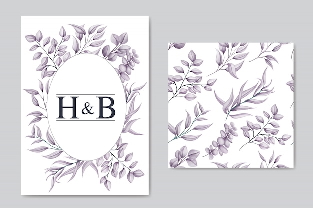 Vintage wedding invitation card with leaves frame and seamless pattern bundle