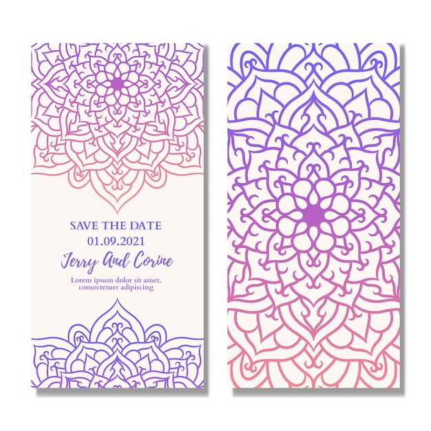 Vintage wedding invitation card with mandala gradient design. Mandala wedding invitation template