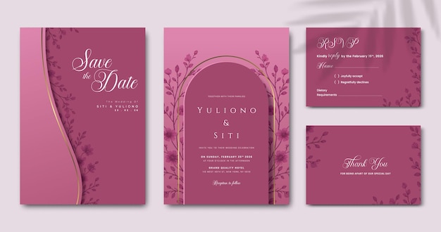 vintage wedding invitation set template with red burgundy background