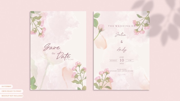 Vintage wedding invitation template with pink flowers