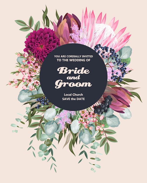 Vintage wedding invitation with high detailed flowers and foliage