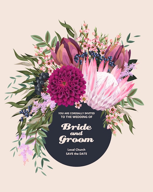 Vintage wedding invitation with high detailed flowers and foliage