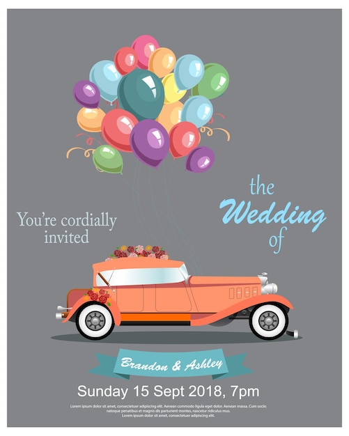 vintage_wedding_invitation_with_just_married_retro_car_and_white_balloons