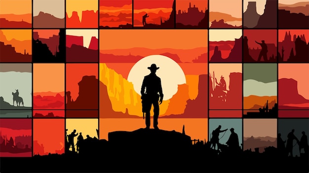 Vector vintage western movie icons collage square element