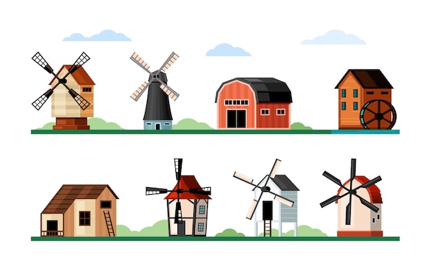 Vintage windmills set. Wood and brick buildings with blades for grinding flour rustic old design and air powered traditional architecture with water and electric turbine. Vector agriculture flat.