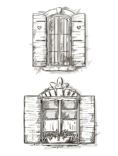 Vintage window hand drawn set of vector drawings