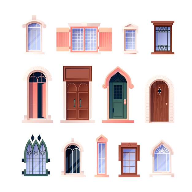 Vintage windows and doors Antique european detailed facade architectural elements retro balcony exterior Vector castle and retro residence entrance and windows set