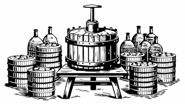 Vintage Wine Press with Barrels and Bottles in Black and White Illustration