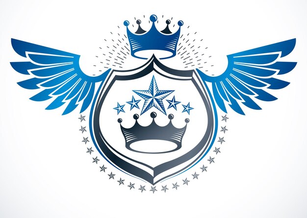 Vintage winged decorative emblem composed using monarch crown and pentagonal stars., heraldic vector.