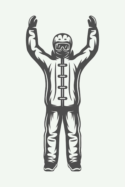 Vintage winter sportsman in ski suit Monochrome Graphic Art Vector Illustration