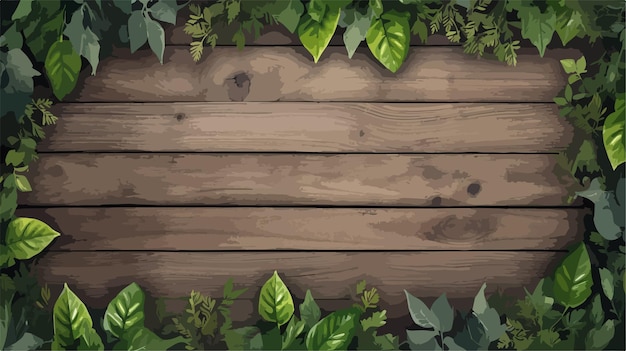 Vector vintage wooden background with green leaves border frame