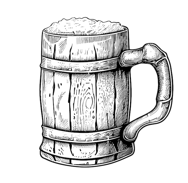 Vintage wooden beer mug hand drawn sketch engraving style vector illustration.