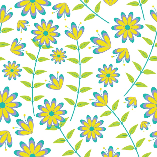 Vintage yellow and purple flowers seamless pattern on white background