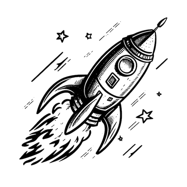 A vintagestyle engraved sketch of a rocket