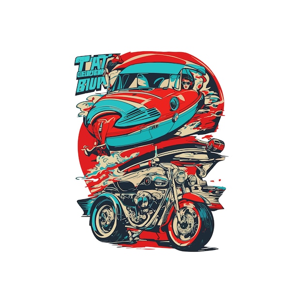 A vintagestyle t shirt design featuring a retro car in the desert