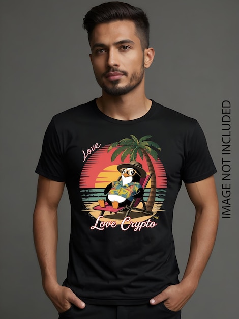 Vintagestyle Tshirt design with a penguin resting on a lounge chair under a palm tree