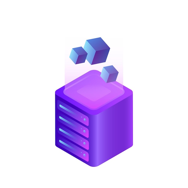 Violet 3D Cube with a Ray of Light and Flying Cubes Decorative Isolated Graphic Element