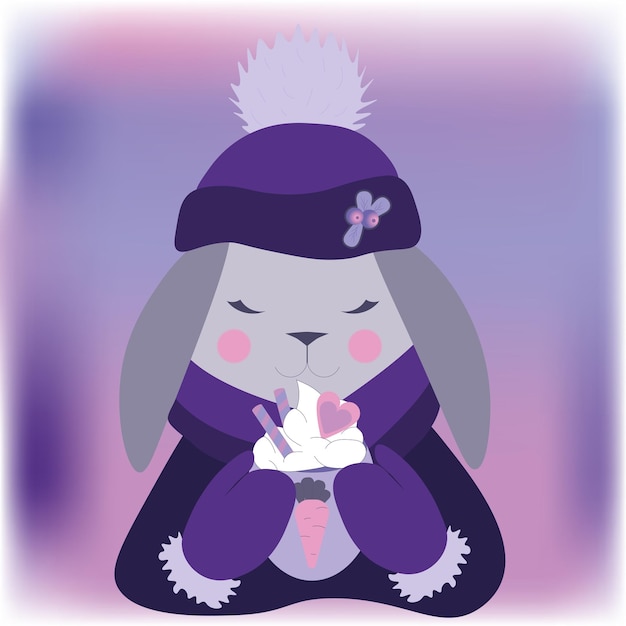 Violet Cute christmas rabbit in flat style with cup of cacao