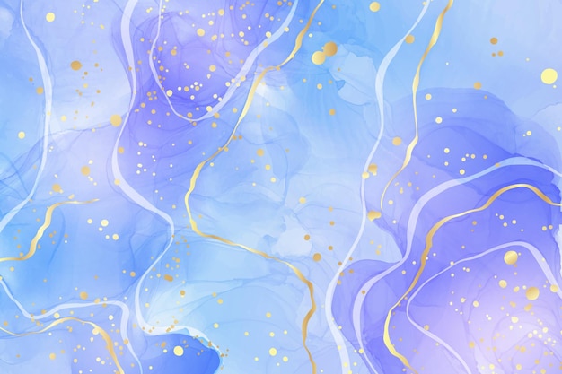 Violet cyan blue liquid watercolor background with golden stains