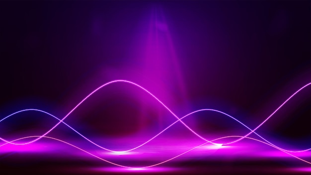 Vector violet empty scene with neon pink and blue wave line lasers