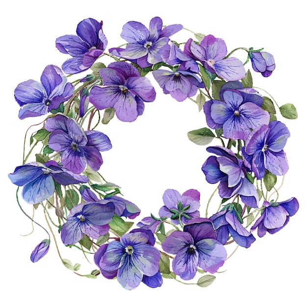 violet flowers wreath vector illustration in watercolor style