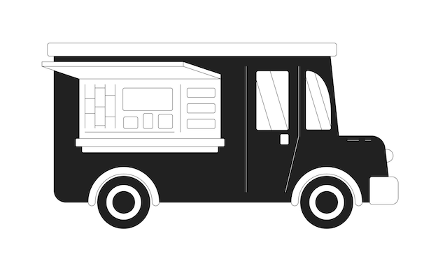 Violet food truck flat monochrome flat vector object Car for cooking and selling street food Editable black and white thin line icon Simple cartoon clip art spot illustration for web graphic design