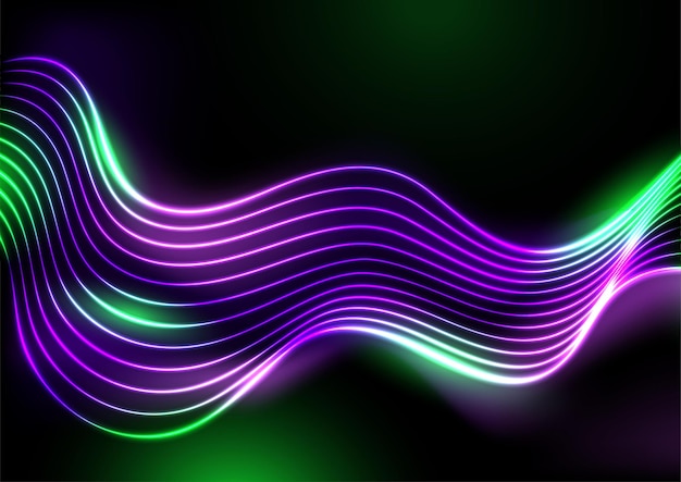 Vector violet and green neon glowing waves abstract background