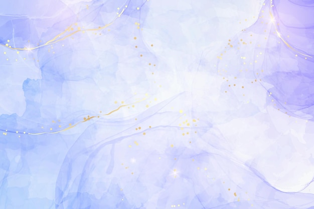 Violet lavender liquid watercolor marble background with golden lines