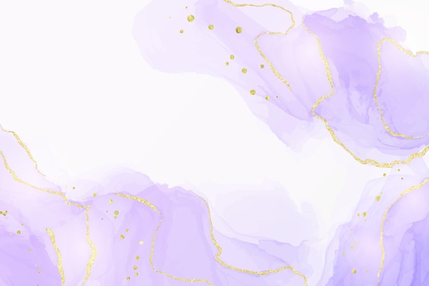 Violet lavender liquid watercolor marble background with golden lines