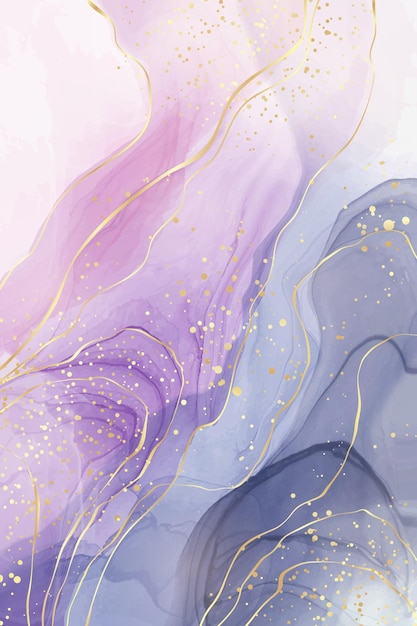 Violet liquid watercolor background with golden stains