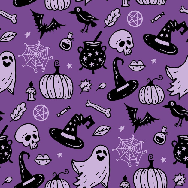 Violet seamless vector pattern magic hand drawn doodle hat pumpkin ghost