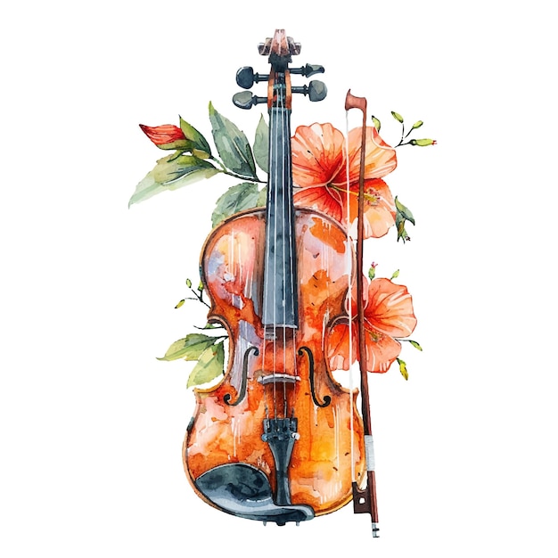 violin and flowers vector illustration in watercolour style