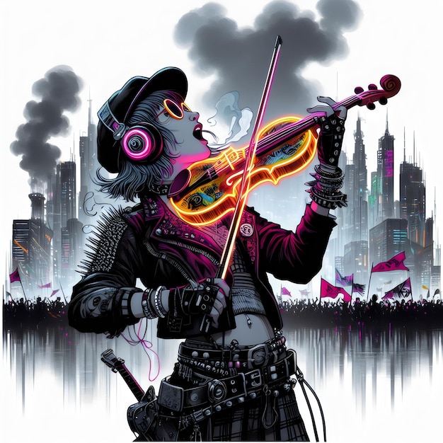 violinist cyborg cyberpunk vector illustration