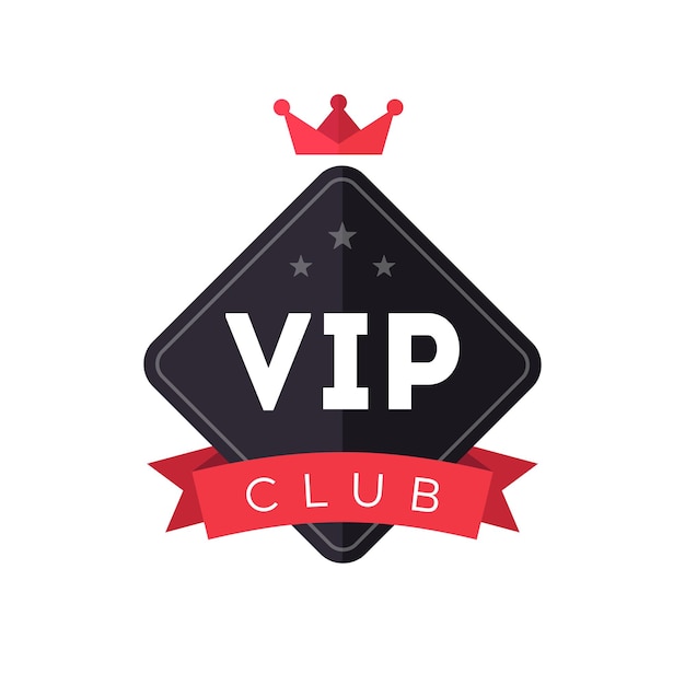 Vector vip club exclusive membership vector badge logo design with red crown and ribbon on white background