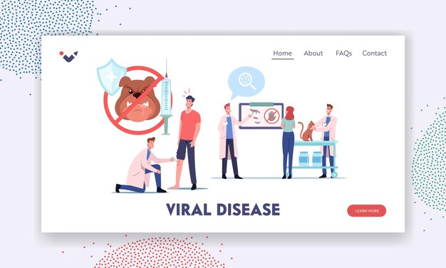 Vector viral disease, rabies landing page template. injured patient with dog bite visiting hospital. medics characters inject vaccine, tell about sickness carriers animals. cartoon people vector illustration