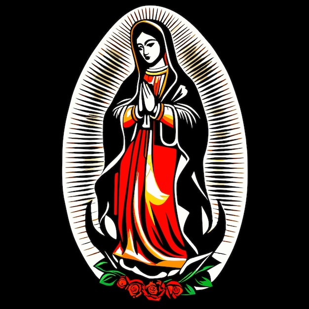 Vector the virgen de guadalupe con flores with a white tshirt with the on a black background vector