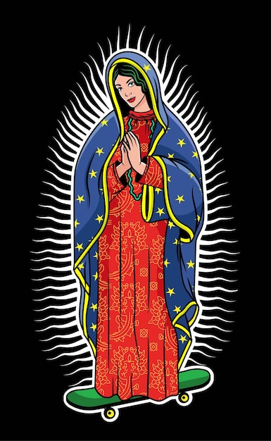 Vector virgin of guadalupe on a skateboard. the virgin mary.