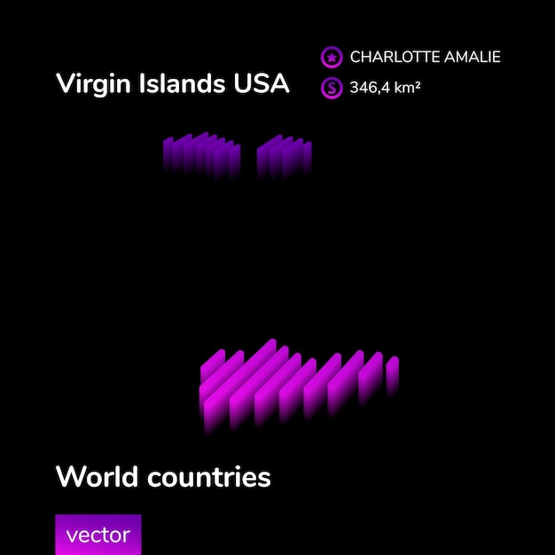 Virgin Islands USA map Stylized striped vector neon isometric 3D Map is in violet colors on black background