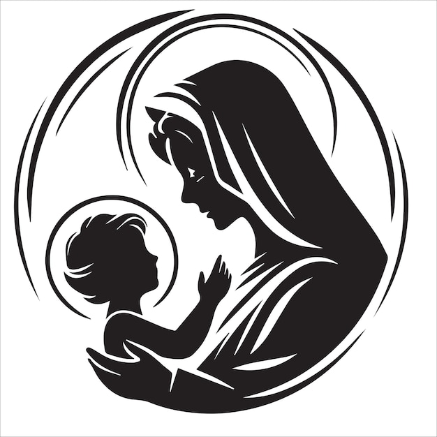 a Virgin Mary holding a baby Jesus in black and white vector