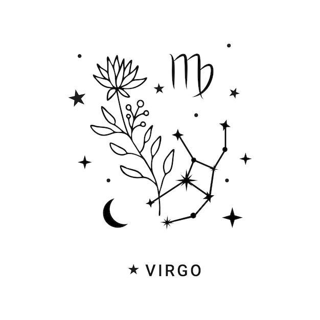 Virgo  constellation zodiac sign with flower moon and stars