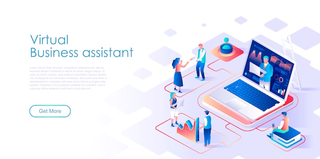 Virtual business assistant isometric landing page template