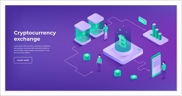 Virtual cryptocurrency exchange blockchain digital network connection processing isometric landing page vector illustration Cyberspace banking financial market trade decorative design web promo