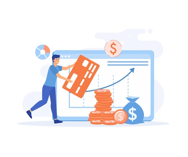 Virtual finance transaction concept Man manages personal finances in personal account makes transactions flat vector modern illustration