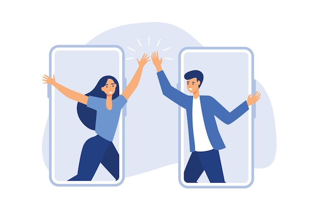 Virtual hi five for success collaboration happy businessman and businesswoman hi five from PHONE